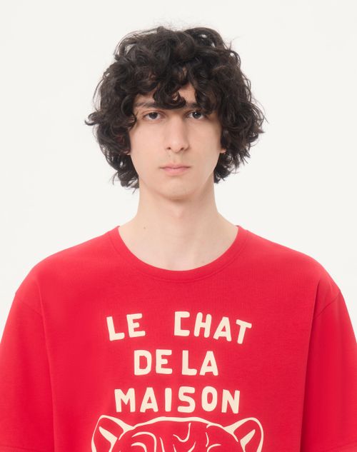 Valentino - Cotton T-shirt With Le Chat De La Maison Print - Red/butter - Man - T-shirts And Sweatshirts